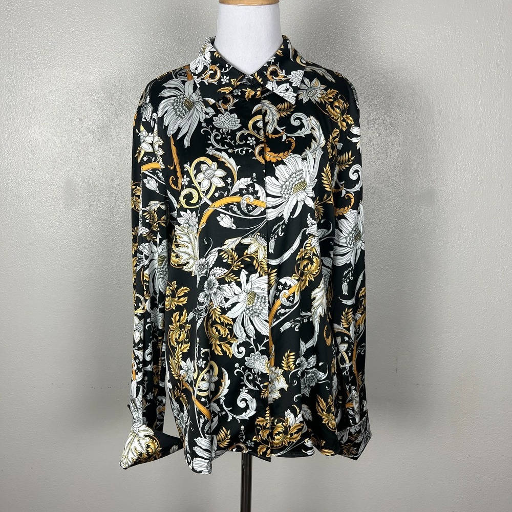 Boston Proper Satin Blouse Top Womens 16 Black White Floral Scarf‎ Print Stretch